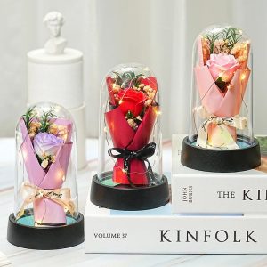 Everlasting Rose LED Glass Dome Bouquet Romantic Decorative Ornament for Valentine’s Day and Home