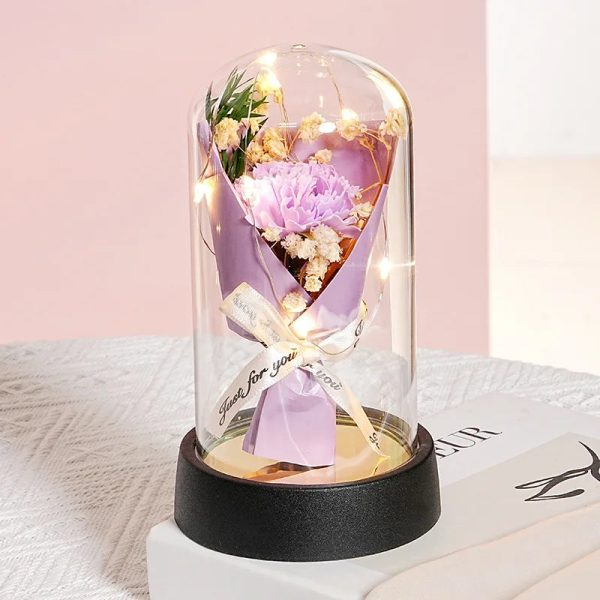 Everlasting Rose LED Glass Dome Bouquet Romantic Decorative Ornament for Valentine’s Day and Home