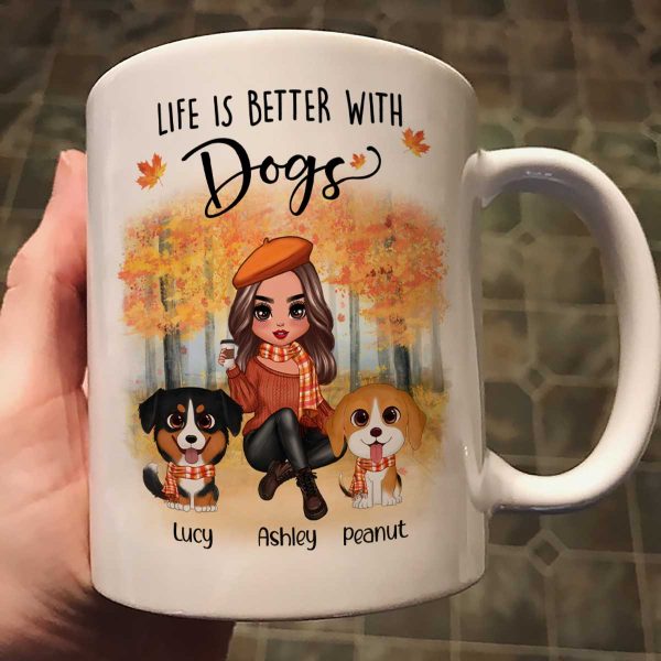 Fall Season Doll Woman Sitting With Watercolor Cute Dogs Personalized Mug