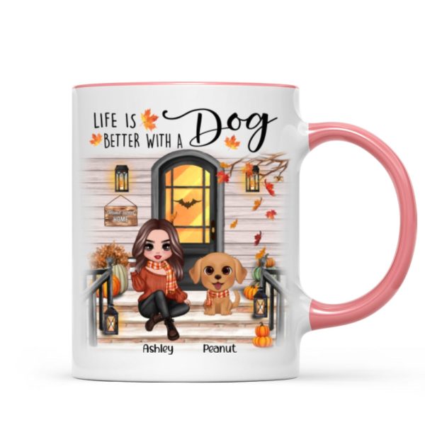 Fall Season Front Porch Doll Woman Sitting With Watercolor Cute Dogs Personalized Mug