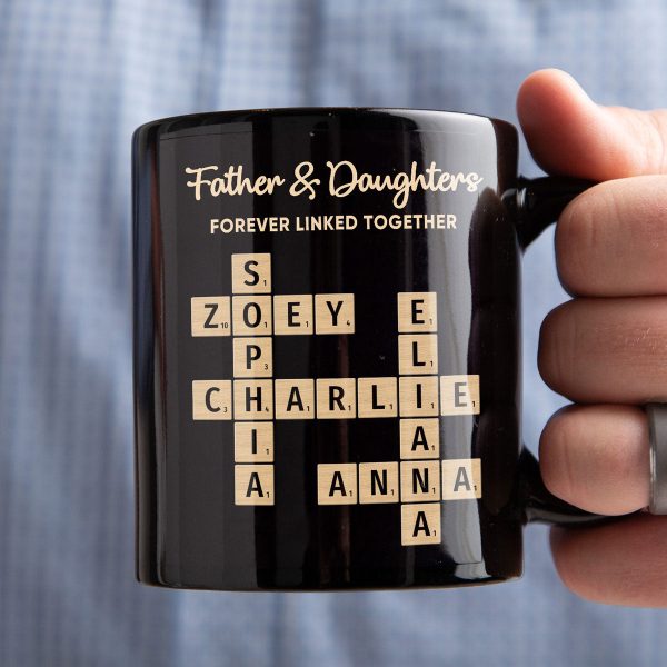 Father & Daughters Sons Forever Linked Together Crossword Puzzle Art Personalized Mug, Heartfelt Father's Day Gift For Dad