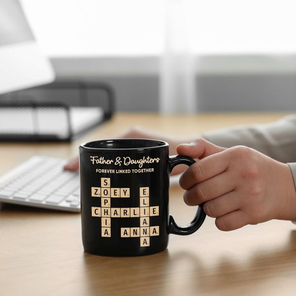 Father & Daughters Sons Forever Linked Together Crossword Puzzle Art Personalized Mug, Heartfelt Father's Day Gift For Dad