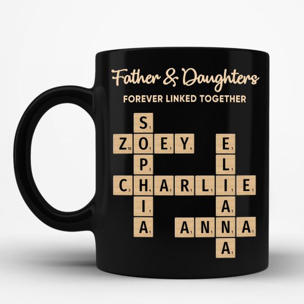 Father & Daughters Sons Forever Linked Together Crossword Puzzle Art Personalized Mug, Heartfelt Father's Day Gift For Dad