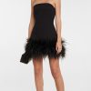 Feather-trimmed Bandeau Neck A-line Mini Dress