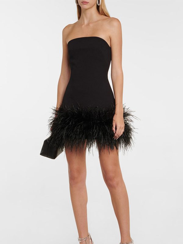 Feather-trimmed Bandeau Neck A-line Mini Dress