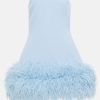 Feather-trimmed Bandeau Neck A-line Mini Dress