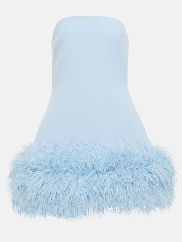 Feather-trimmed Bandeau Neck A-line Mini Dress