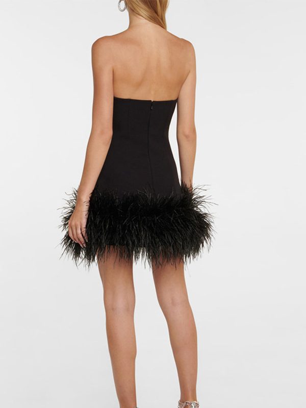 Feather-trimmed Bandeau Neck A-line Mini Dress