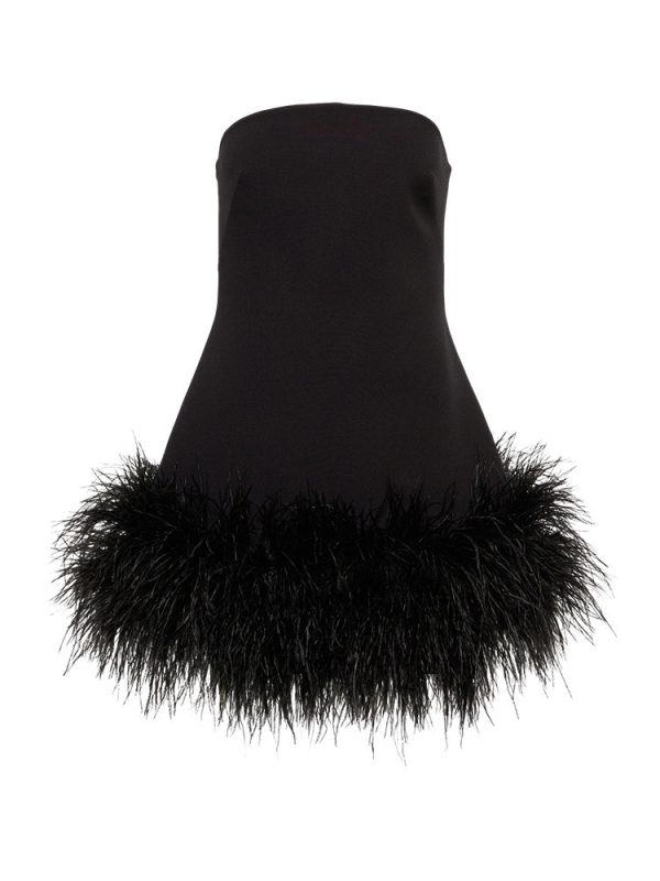 Feather-trimmed Bandeau Neck A-line Mini Dress