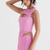 Feminine Crinkled Cutout Corset Low Rise Mini Skirt Two Piece Dress - Pink