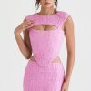 Feminine Crinkled Cutout Corset Low Rise Mini Skirt Two Piece Dress - Pink