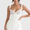 Feminine Lace Trim Sweetheart Tie Front Satin Mini Sundress - White