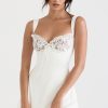 Feminine Lace Trim Sweetheart Tie Front Satin Mini Sundress - White