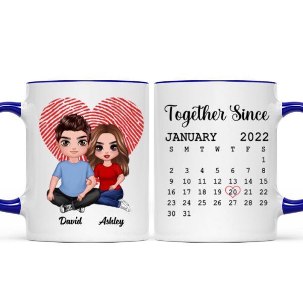Fingerprint Heart Embracing Doll Couple Sitting Calendar Anniversary Date Gift For Him For Her Personalized Mug