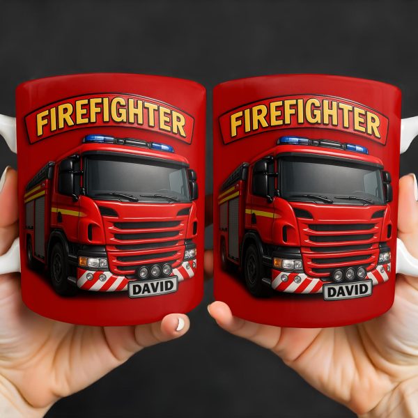 Firefighter Red Coffee Mug Featuring Personalized Fire Truck Design - Personalized Custom Coffee Mug - FIF006_MG