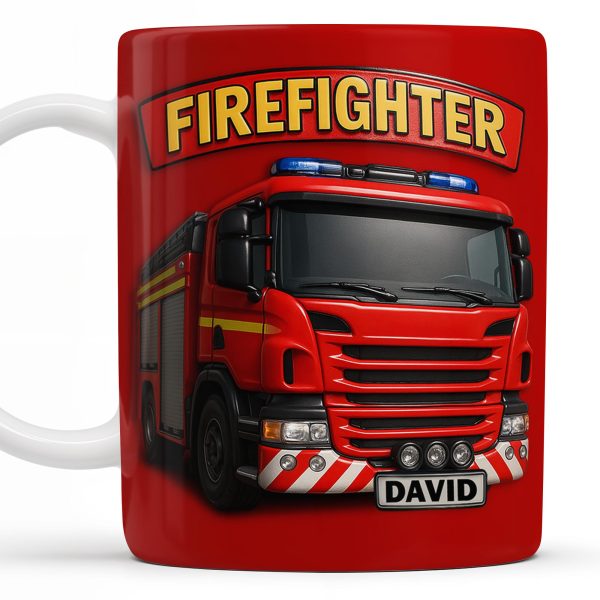 Firefighter Red Coffee Mug Featuring Personalized Fire Truck Design - Personalized Custom Coffee Mug - FIF006_MG
