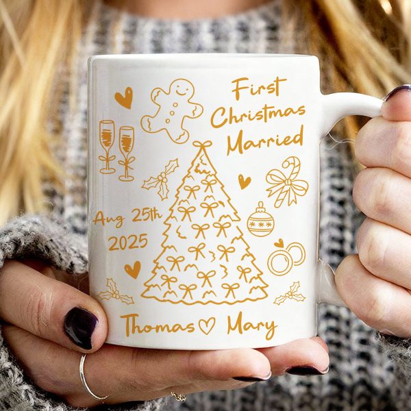 First Christmas Married Doodle Pattern - Personalized Mug - Christmas Gift For Him, For Her, For Couple