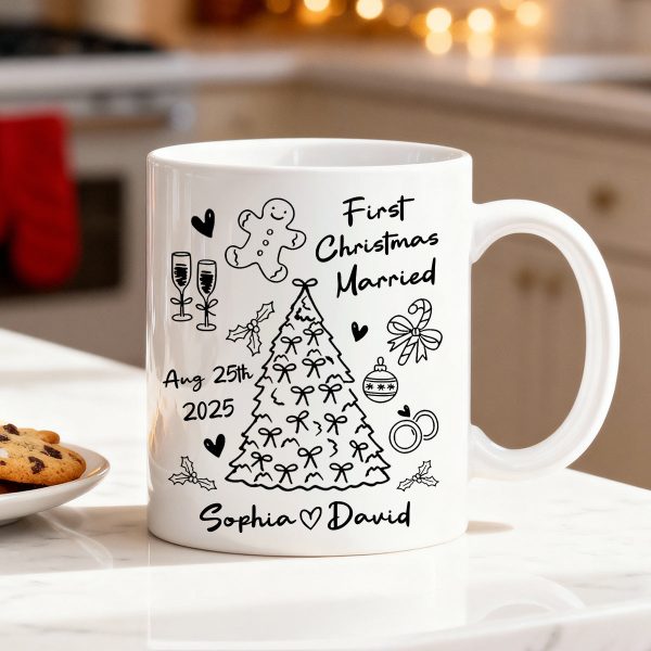 First Christmas Married Doodle Pattern - Personalized Mug - Christmas Gift For Him, For Her, For Couple