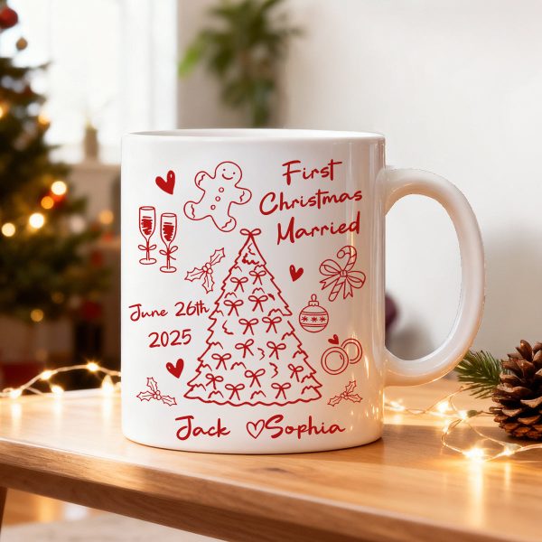 First Christmas Married Doodle Pattern - Personalized Mug - Christmas Gift For Him, For Her, For Couple