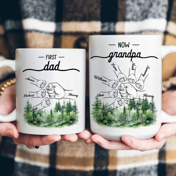 First Dad Now Grandpa - Fist Bumps With Kids' Names - Personalized Mug