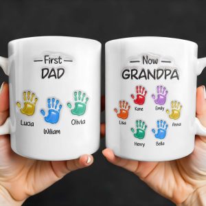 First Dad Now Grandpa Colored Handprints - Personalized Custom Coffee Mug - DAD225_MG