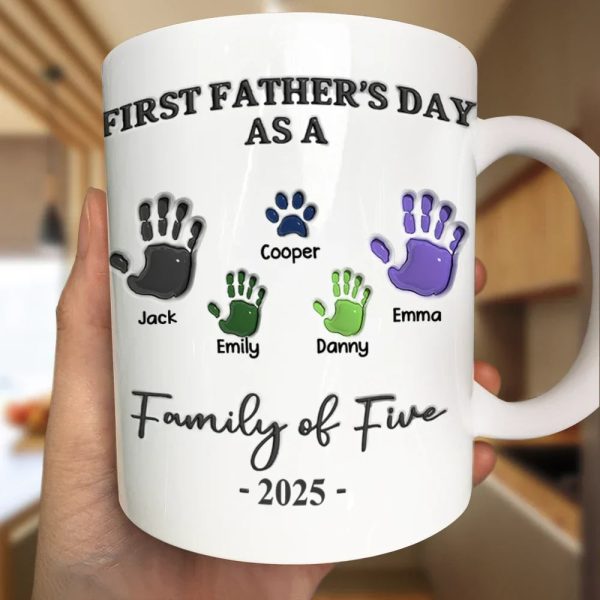 First Father's Day As A Family Of Four Handprints - 3D Inflated Effect Printed Mug, Personalized Mug