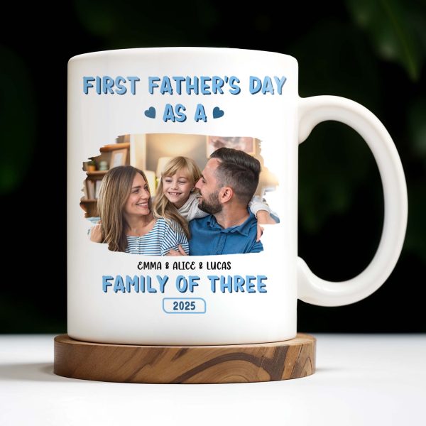 First Father's Day As A Family Of Three, Family Photo And Heart Icons - Personalized Custom Coffee Mug - DAD117_MG
