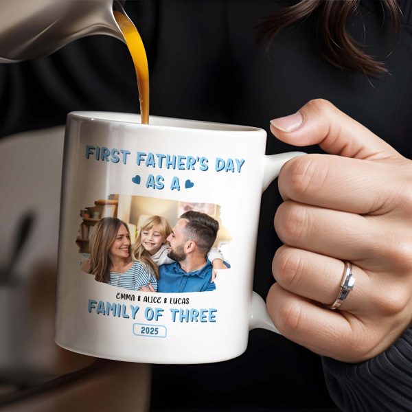 First Father's Day As A Family Of Three, Family Photo And Heart Icons - Personalized Custom Coffee Mug - DAD117_MG