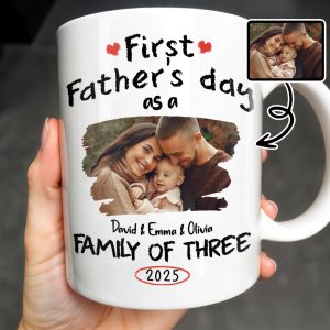 First Father's Day As A Family Of Three, Heart and Family Photo - Personalized Custom Coffee Mug - DAD103_MG