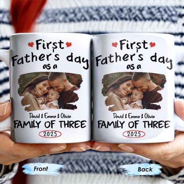 First Father's Day As A Family Of Three, Heart and Family Photo - Personalized Custom Coffee Mug - DAD103_MG