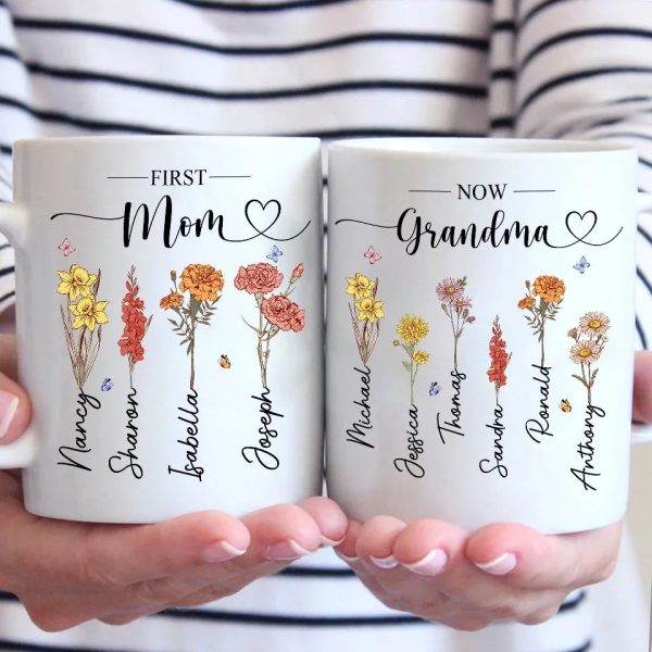 First Mom, Now Grandma - Family Personalized Custom Mug - Christmas Gift For Mom, Grandma