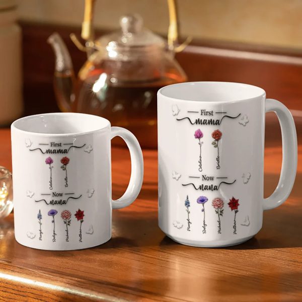 First Mom Now Grandma 3D Effect Birth Flowers - Personalized White Edge-to-Edge Mug