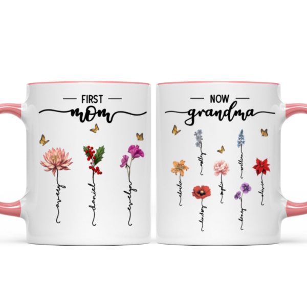 First Mom Now Grandma Birth Flower Personalized Mug