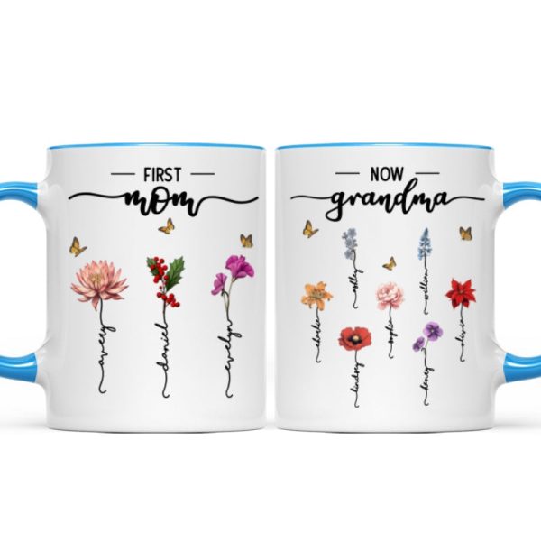 First Mom Now Grandma Birth Flower Personalized Mug