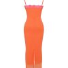 Flame Orange Lace Trim Slit Mesh Maxi Dress