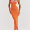 Flame Orange Lace Trim Slit Mesh Maxi Dress