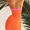 Flame Orange Lace Trim Slit Mesh Maxi Dress