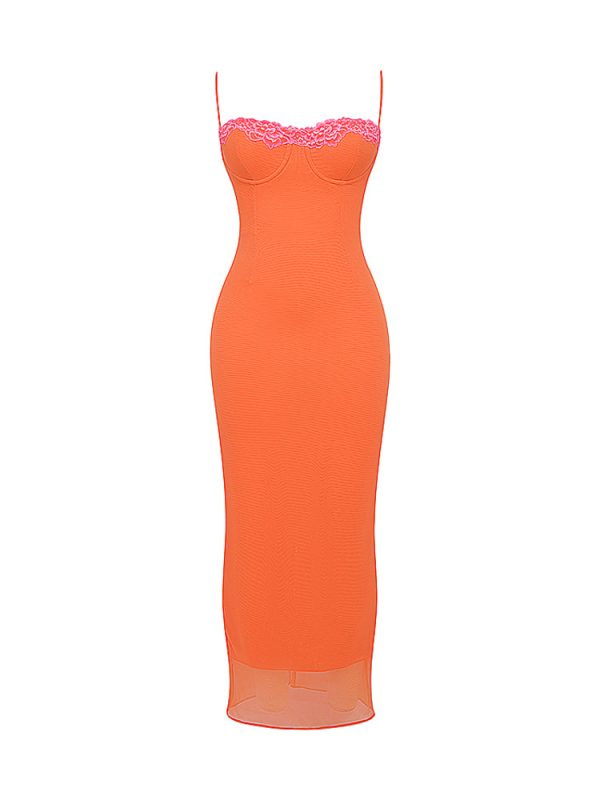 Flame Orange Lace Trim Slit Mesh Maxi Dress