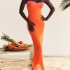 Flame Orange Lace Trim Slit Mesh Maxi Dress