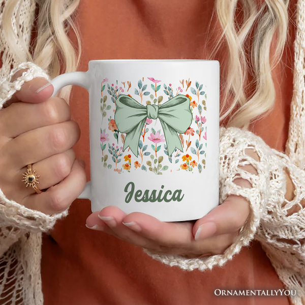 Floral Coquette Bow Personalized Mug, Cute Spring Preppy Girly Flowers Gift with Custom Name