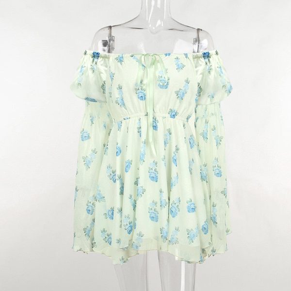 Floral Print Mesh Off Shoulder Long Sleeve Mini Dress With Corset