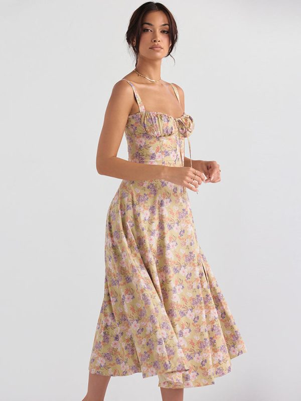 Floral Print Tie-Up Strap Flowy Midi Dress