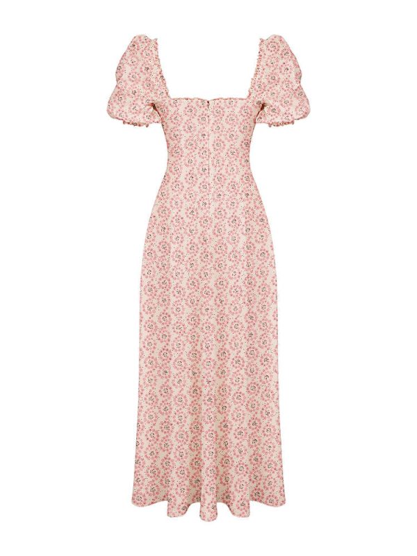 Floral Print Square Neckline Puff Sleeves Maxi Dress