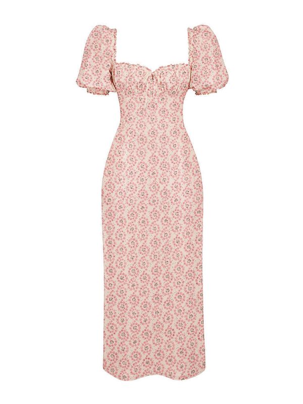 Floral Print Square Neckline Puff Sleeves Maxi Dress