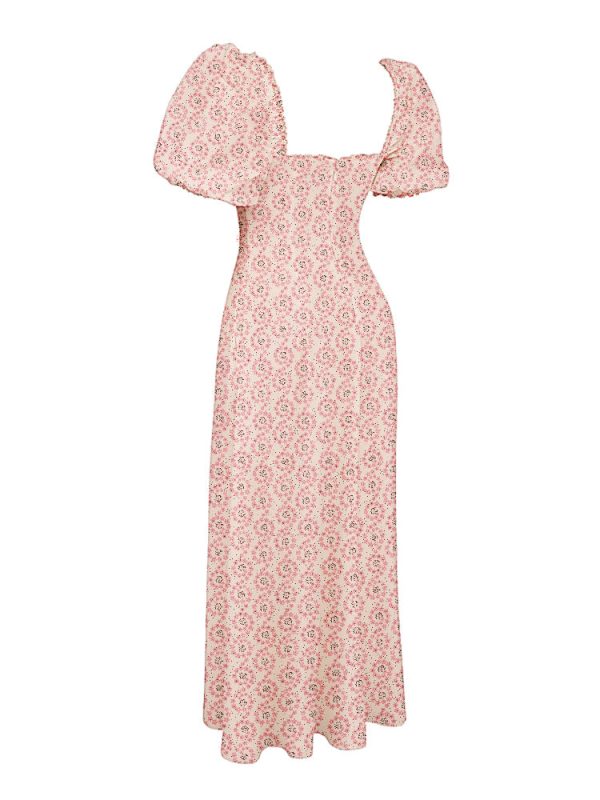 Floral Print Square Neckline Puff Sleeves Maxi Dress