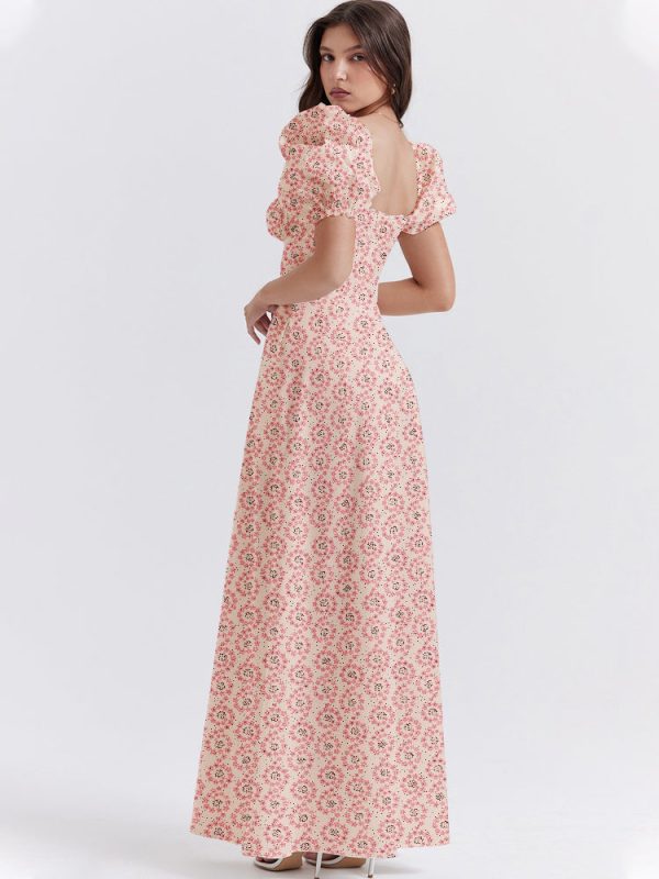 Floral Print Square Neckline Puff Sleeves Maxi Dress