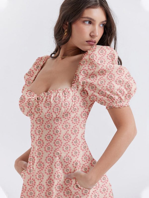 Floral Print Square Neckline Puff Sleeves Maxi Dress