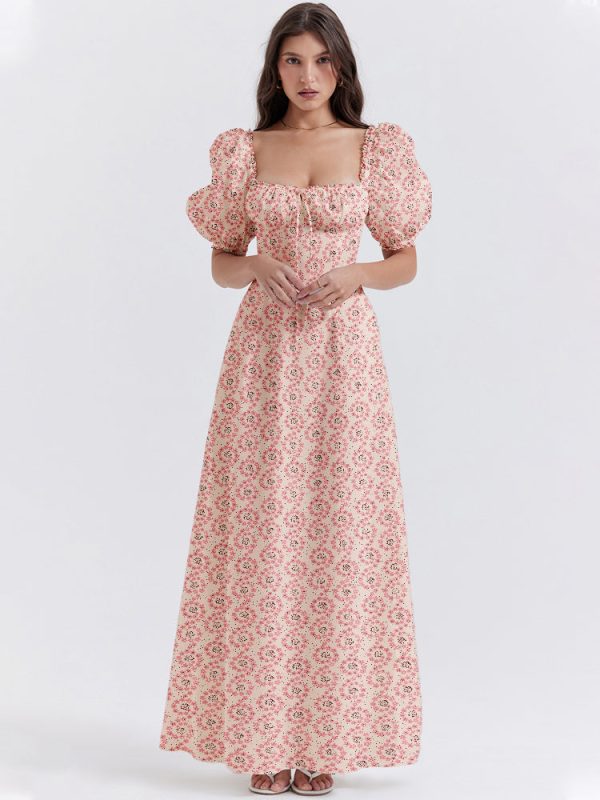 Floral Print Square Neckline Puff Sleeves Maxi Dress