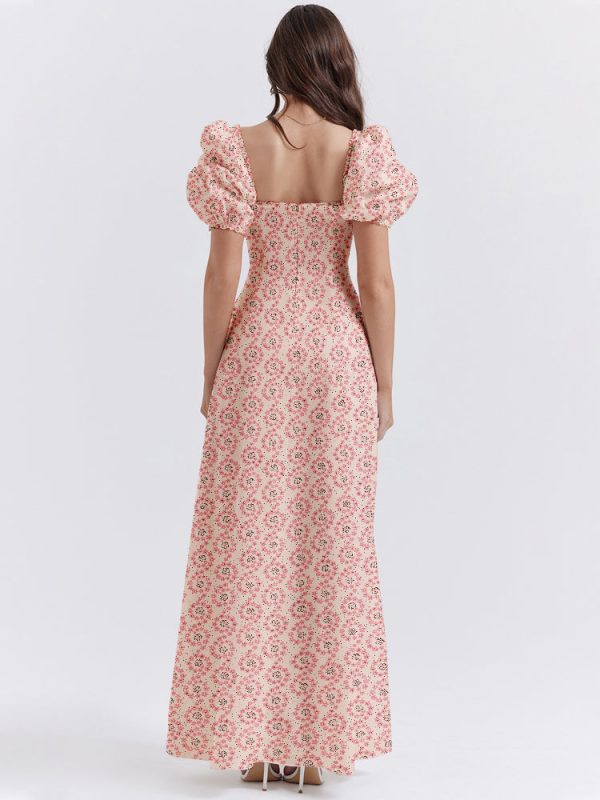 Floral Print Square Neckline Puff Sleeves Maxi Dress
