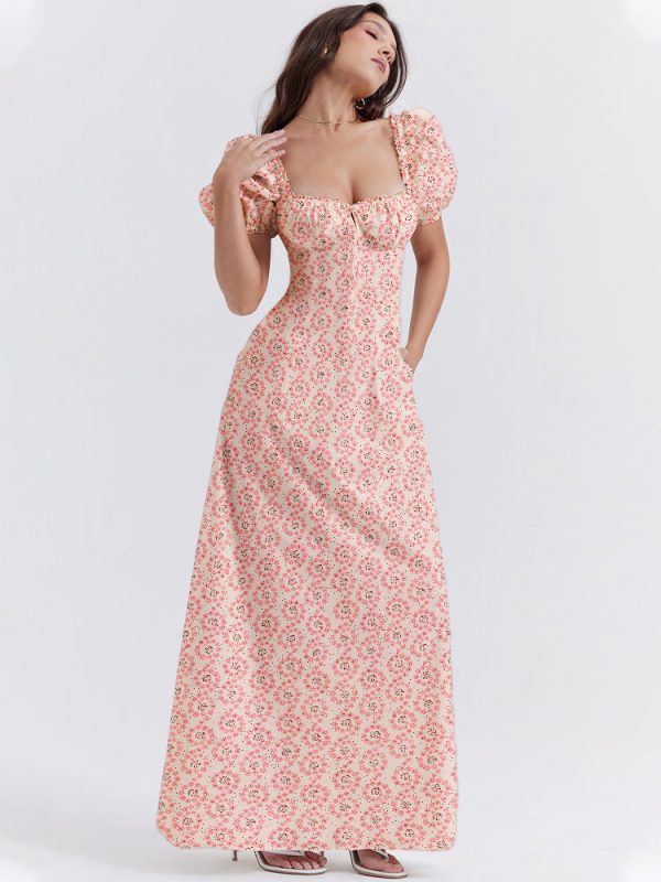 Floral Print Square Neckline Puff Sleeves Maxi Dress